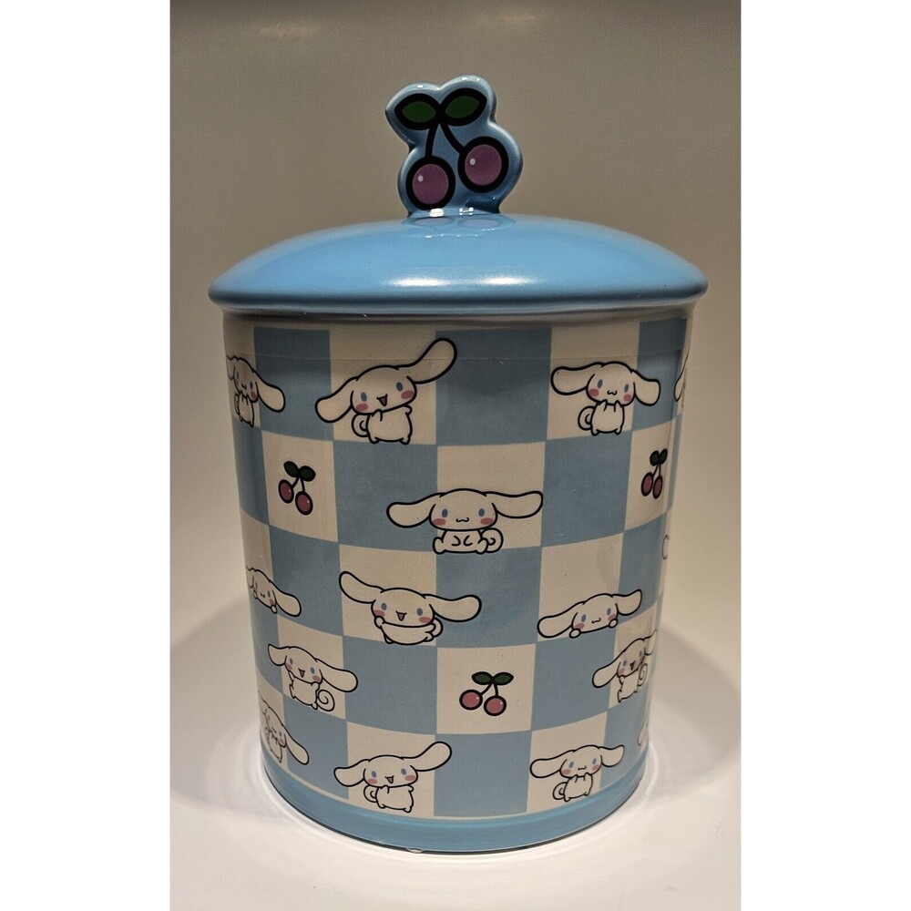 NEW 2024 Blue & White checkered Cherry Ceramic Cinnamoroll Sanrio Cookie Jar